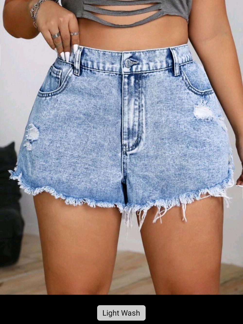 Light Wash High-Waist Frayed Denim Shorts